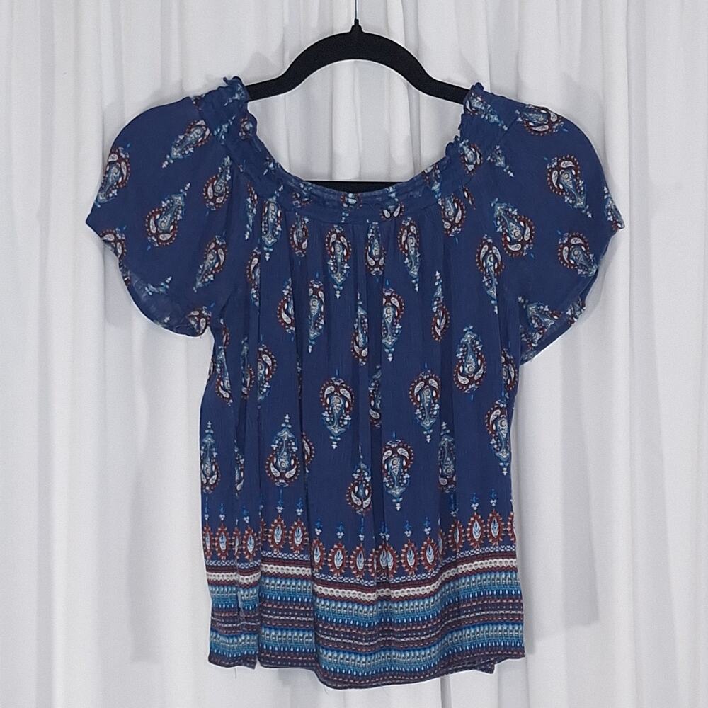 Meraki Peasant Blouse Medium Blue Paisley Boho Festival Flutter Sleeve Top